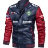 Benelli Navy Blue Red Leather Bomber Jacket