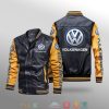 Volkswagen Black Yellow Leather Bomber Jacket