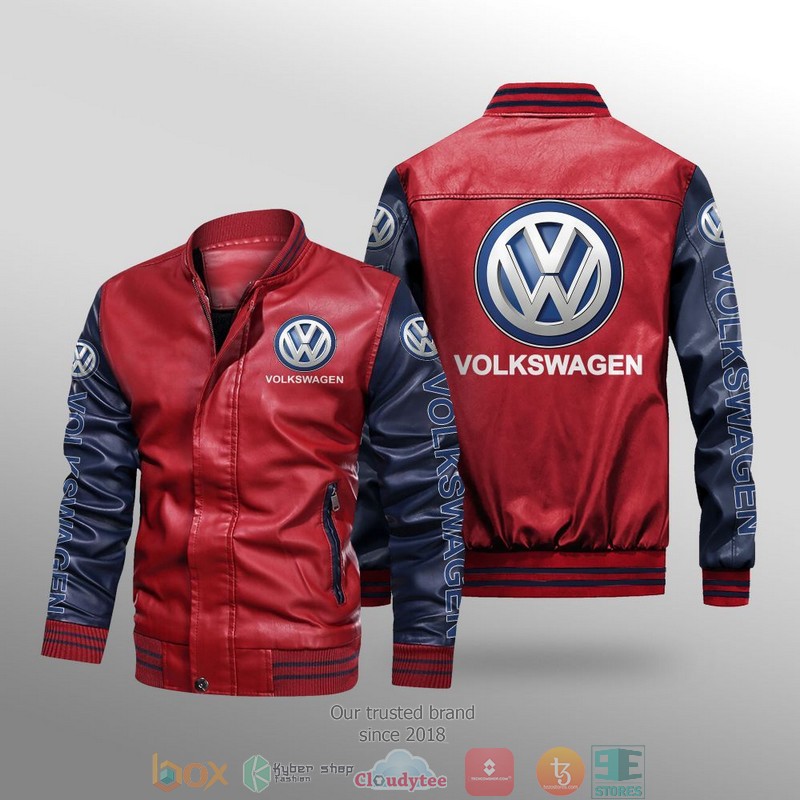 Volkswagen Red Navy Blue Leather Bomber Jacket